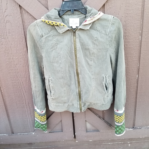 Others Follow Hooded Olive Green Khaki Hooded Knit Trimmed Boho Cropped Jacket - Picture 1 of 12